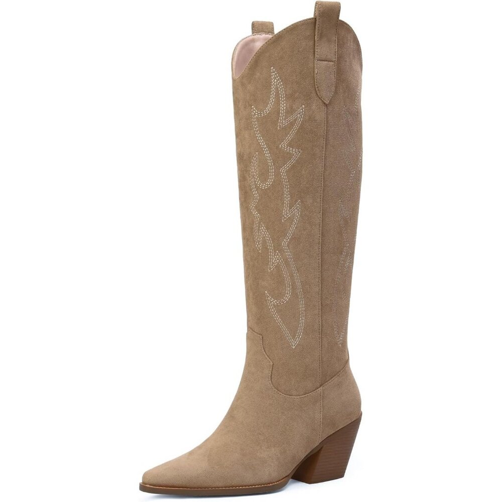 ⚡Women Beige Faux Leather Knee High Pointed Toe and Block Heel Cowboy Boots